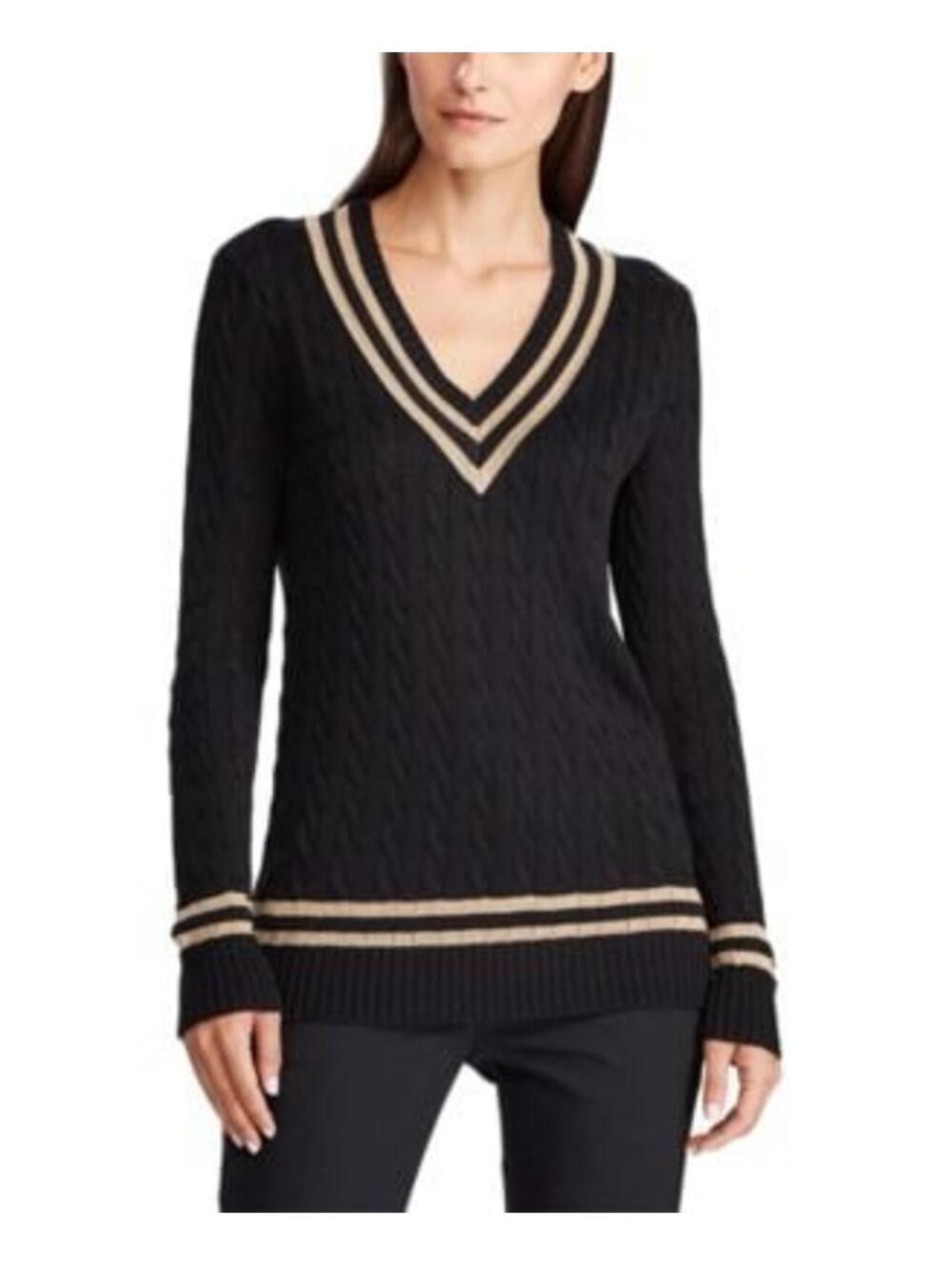 Lauren Ralph Lauren Black Cotton Cable Knit V-Neck Sweater with Gold Trim SizeXL